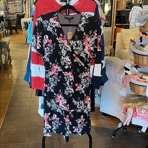 White House Black Market Floral Wrap-Front Black Dress with Pink Accents